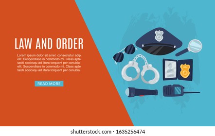 Police items law and order web banner vector illustration with policeman cap, handcuffs, glasses and walkie talkie. Equipment used by police officers for law and order.