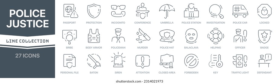 Police and justice linear signed icon collection. Signed thin line icons collection. Set of police and justice simple outline icons