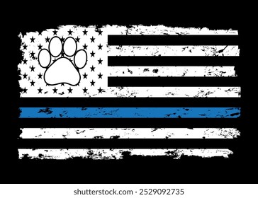 Police K-9 paw with Thin Blue Line vintage flag, K9 Police Dog.