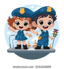 Police kid illustration, police girl and boy cartoon vector, in city traffic background