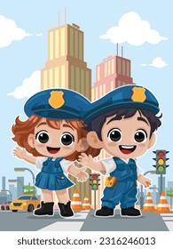 Police kid illustration, police girl and boy cartoon vector, in city traffic background