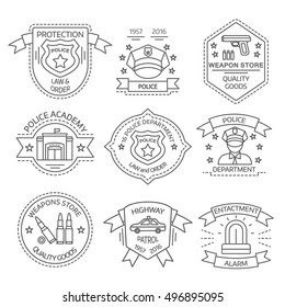 Police label set with police academy weapon store enactment alarm descriptions vector illustration