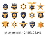 Police labels. Policeman law enforcement badges. Sheriff, marshal and ranger logo. Officer government badge. Policeman insignia vector simple patches set