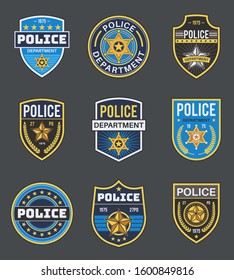 Police labels. Policeman law enforcement badges. Sheriff, marshal and ranger logo, police star medallions, security federal agent vector secure emblem insignia