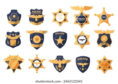 Police labels. Policeman law enforcement badges. Sheriff, marshal and ranger logo. Officer government badge. Policeman insignia vector simple patches set