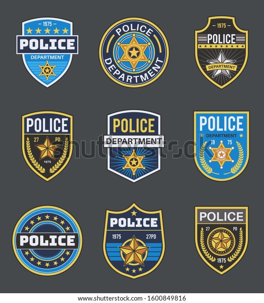 Police labels. Policeman law\
enforcement badges. Sheriff, marshal and ranger logo, police star\
medallions, security federal agent vector secure emblem\
insignia