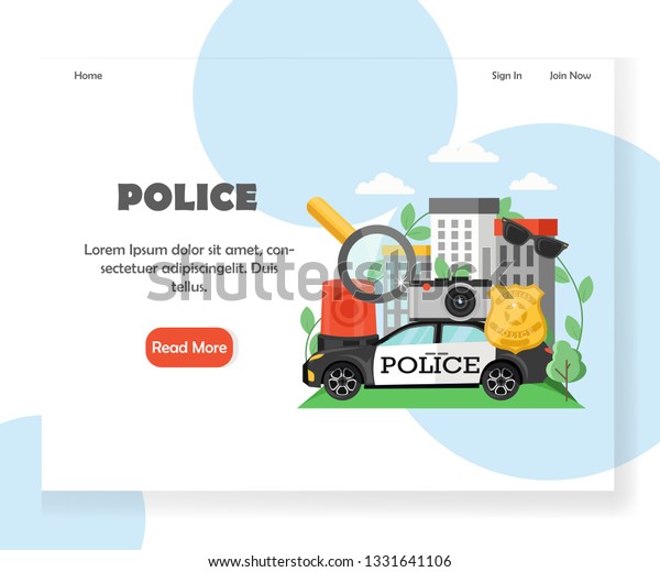 Police landing page template. Vector flat style\
design concept for force website and mobile site development.\
Police officer badge, sunglasses, siren, patrol car, magnifying\
glass, photo camera.
