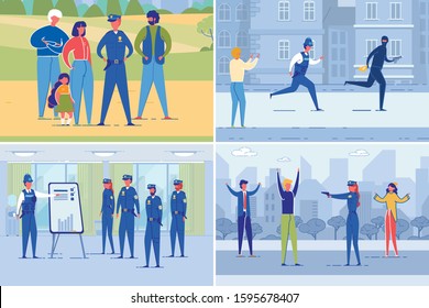 Police and Law Enforcement Departments Routine Work Set. Policemen in Uniform, Cartoon Characters Protect Urban Citizens, Arresting Bank Robber and Fighting Crime. Flat Vector Illustration.