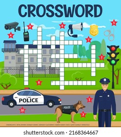 Police, law or policeman, crossword grid worksheet, find word quiz. Crossword vector puzzle or riddle grid to guess police automobile, traffic lights and handcuffs with prison and walkie-talkie