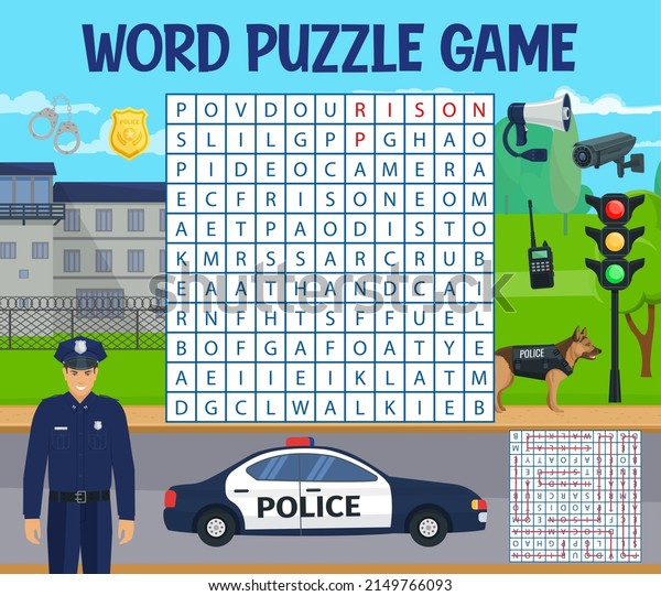Police,\
law and policeman, word search puzzle game worksheet, vector grid.\
Kids riddle to search words in grid with police car, handcuffs,\
dog, policeman badge and speaker\
walkie-talkie