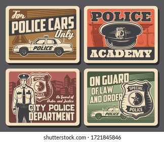 Police and law, security, justice legal court and policeman, officer badge vector posters. Police academy and civil order department, legislation and justice scales, police cars parking signage