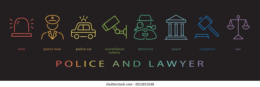 Police and lawyer vector icon set. neon color on black background.