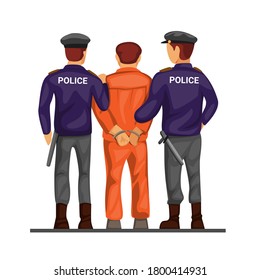 Police Leading Criminal Prisoner In Handcuff From Back View Concept In Cartoon Illustration Vector Isolated In White Background