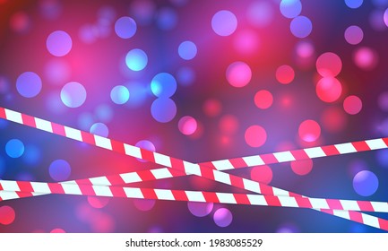 Police Lights Flash Red And Blue Glowing Flares On Night Bokeh Background. Emergency Flashing Light Flares Bokeh Background With Police Line.