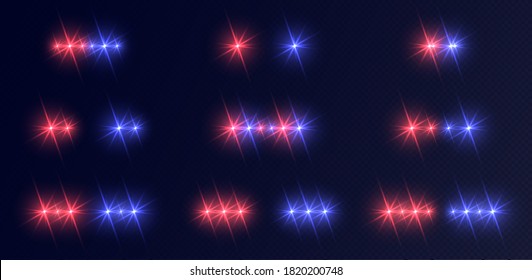 Police lights set, blue-red emergency headlights with flares. Vector flasher siren effect for patrol vehicle isolated on a transparent background.