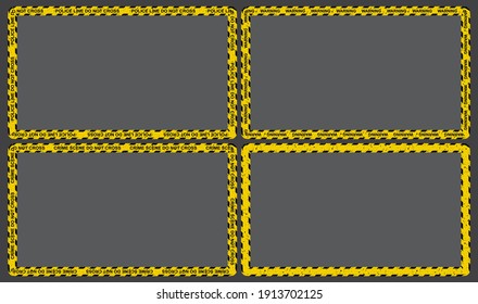 Police line border with black and yellow stripes. Crime scene frame with safety tape. Vector rectangle background collection.