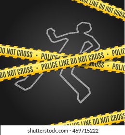 Police Line With A Chalk Outline Of The Body. Vector Illustration