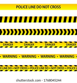 Police Line, Crime Scene And Warning Tapes. Set of seamless grunge police and do not cross lines, danger sign, crime and warning tapes. Vector illustration