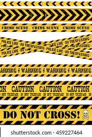 Police Line, Crime Scene And Warning Tapes/
Illustration Of A Set Of Seamless Grunge Police And Do Not Cross Lines, Danger Sign, Crime And Warning Tapes