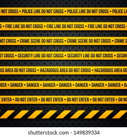 Police line and danger tapes on dark background. Vector illustration.