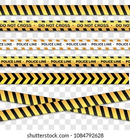 Police line and do not cross, Caution lines  Warning tapes. Danger signs isolated on a transparent background. Vector illustration.
