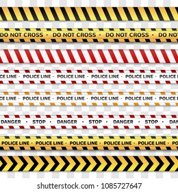 Police line and do not cross, Caution lines  Warning tapes. Danger signs isolated on a transparent background. Vector illustration.