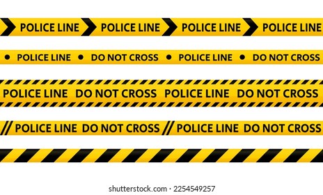 Police line do not cross tape set. Yellow and black caution stripes collection. Danger area or crime scene zone stripes background. Repeating vector 