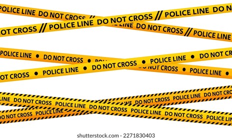 Police line do not cross tapes. Crossed yellow and black caution stripes. Danger area or crime scene zone stripes background. Warning sign. Vector 