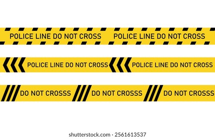 Police line do not cross. Yellow black tape. Do not cross ribbons.  Isolated on white background. Vector illustration