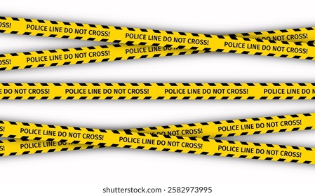 Police line do not cross ribbons. Warning tapes for criminal accident places. Yellow black barrier tape. Caution crime scene bands. Seamless striped boundary lines. Vector illustration.