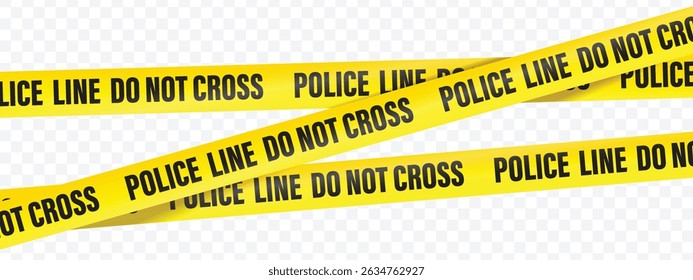 Police line do not cross, text on the yellow tape on white, black and transparent background. Realistic 3d Detailed Black and Yellow Police Line Tape.