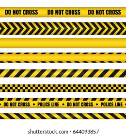 Police line and do not cross ribbons. Yellow danger tapes. Horizontal seamless borders. Vector illustration