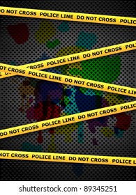 Police line do not cross. Yellow tape isolated on metal background. Vector illustration.