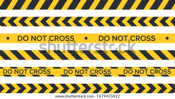 Police line and do not cross
ribbons. Yellow danger tapes. Horizontal seamless borders. Vector
illustration Black and yellow stripes set. Warning tapes. Danger
signs.