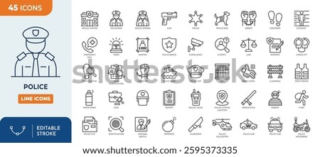 Police line editable icon set. Containing Police, weapon, badge, jail, arrest, investigate, handcuffs, police station, and more. Vector illustration