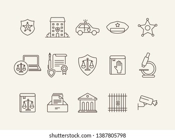 Police line icon set. Car, department, cap. Law and order concept. Can be used for topics like justice, crime, investigation, court