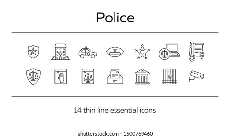 Police line icon set. Car, department, cap. Law and order concept. Can be used for topics like justice, crime, investigation, court