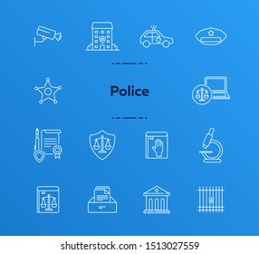 Police line icon set. Car, department, cap. Law and order concept. Can be used for topics like justice, crime, investigation, court