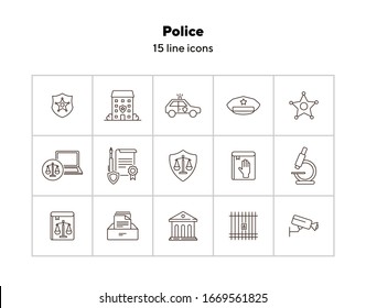 Police line icon set. Car, department, cap. Law and order concept. Can be used for topics like justice, crime, investigation, court