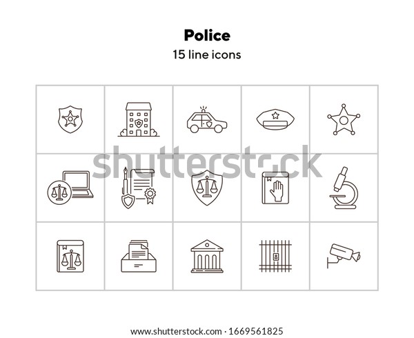 Police line icon set. Car, department, cap. Law and\
order concept. Can be used for topics like justice, crime,\
investigation, court