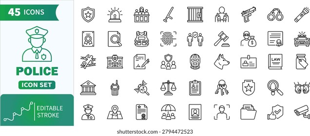 Police line icon set with editable stroke. Set of 45 line icons representing justice, security, and crime prevention activities