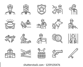 Police Line Icon Set. Included The Icons As Cop, Weapon, Suspects, Arrest, Justice And More.