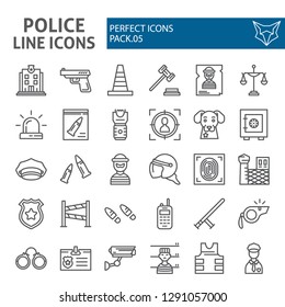 Police line icon set, security symbols collection, vector sketches, logo illustrations, safety signs linear pictograms package isolated on white background, eps 10.