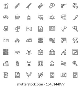 Police line icons set. linear style symbols collection, outline signs pack. vector graphics. Set includes icons as police badge, officer helmet, policeman insignia, crime scene investigation, prison