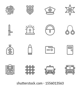 Police line icons set. linear style symbols collection, outline signs pack. vector graphics. Set includes icons as fingerprint, police badge, sheriff star, baton, handcuffs, prisoner, prison bars