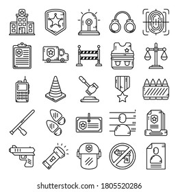 Los iconos de la línea de policía establecen la ilustración del vector. Bomba, brújula, bala, chorro, camión, casco, pistola, señal, barco, cohete, tnt. Pixel perfecto. Stroke Editable