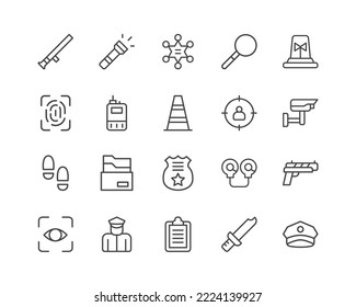 Iconos de la línea de policía establecidos. Objetos vectoriales aislados en un fondo blanco para diseño web y gráficos. Colección de iconos de esquema.