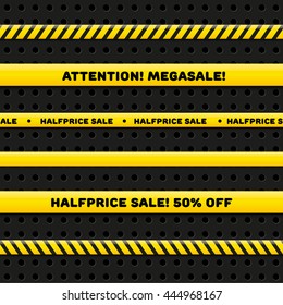 Police line for megasale, realistic vector set isolated on dark background. Seamless caution tapes