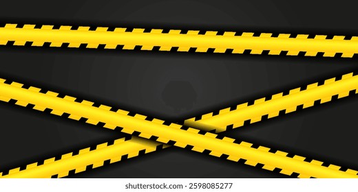 Police line, warning tape on dark background. Warning tape with yellow and black diagonal lines. Warning line stops without connection. Warning tape border is yellow and black.