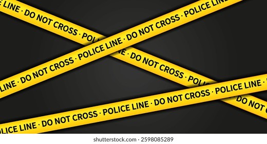 Police line, warning tape on dark background. Warning tape border is yellow and black.